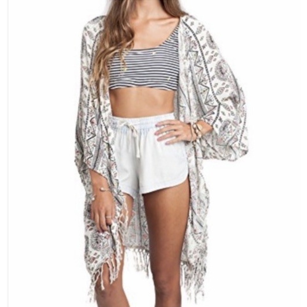 Billabong Salty Wavez Kimono Women S/M White Fringe Tribal Aztec Boho Beach